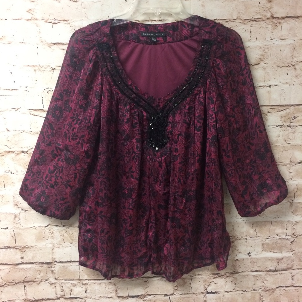 Sara Michelle Beaded Floral Print Blouse